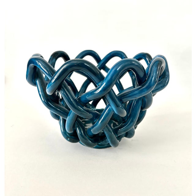 Hand Crafted Cerluean Blue Twisted Pottery Bowl For Sale - Image 11 of 16