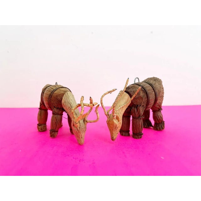 Vintage Carved Wood & Straw Deer Ornaments - a Pair For Sale - Image 4 of 7