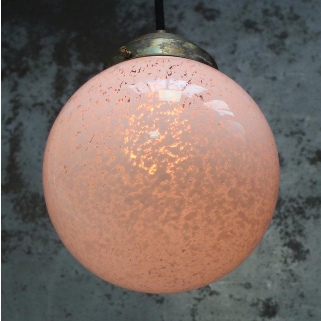 Art Deco French White Glass Globe and Brass Pendant Lamp For Sale - Image 6 of 7