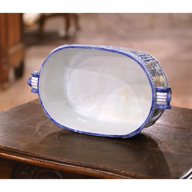 French Early 20th Century French Desvres Faience Jardinière With Mask Handles and Scrollwork For Sale - Image 3 of 9