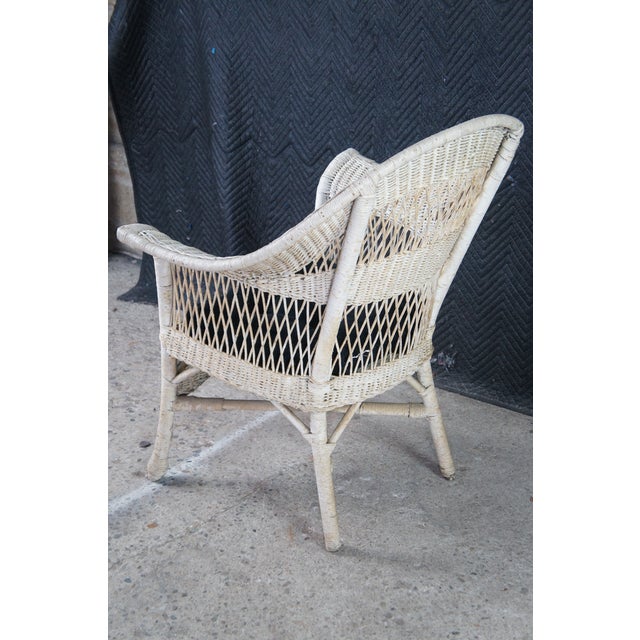 Antique White Painted Wicker Boho Chic Cottage Farmhouse Patio Lounge Armchair For Sale - Image 10 of 14