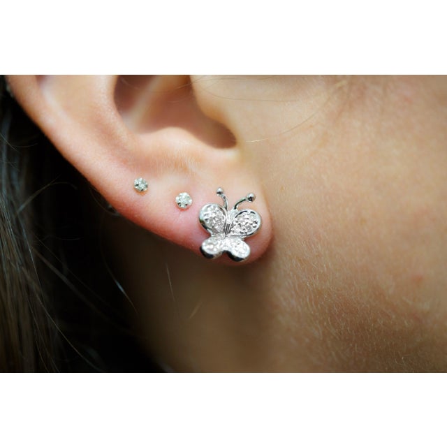 14K Solid White Gold Natural Diamond Cluster Butterfly Stud Earring For Sale - Image 4 of 8