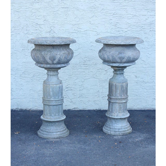 High Quality Carved Granite Garden Urns Raised On Matching Pedestal Bases. Three Piece Construction Consisting Of...