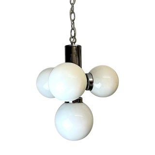 Space Age Chandelier in Chromed Metal with 4 White Opaline Glass Globes, 1970s For Sale