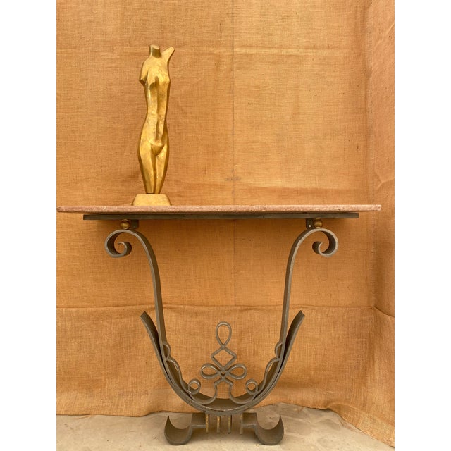 Metal Poillerat-Style Wall-Mounted Scrolled Iron + Marble Console Table For Sale - Image 7 of 8