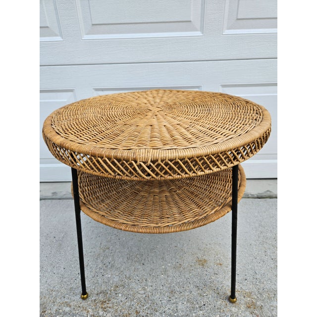 Raymor 60s Round Wicker Rattan Side Table Brass Ball Feet For Sale - Image 4 of 14