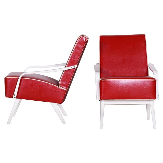 Mid-Century Red Leather and Beech Armchairs, Czechia, 1950s, Set of 2 For Sale - Image 11 of 11
