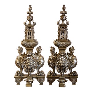 Pair of 19th Century French Baroque Gilt Bronze Andirons With Lion Heads For Sale