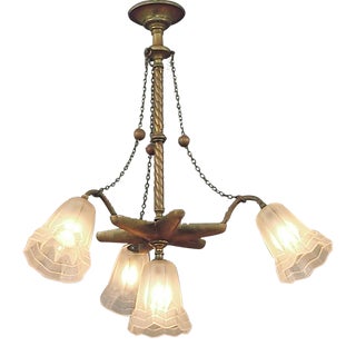 4-Light French Victorian Era Chandelier With Frosted Glass Shades by Degué For Sale