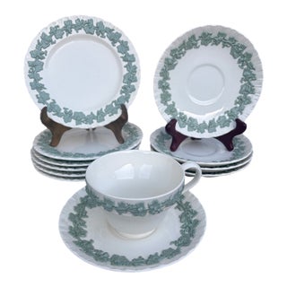Wedgwood Queensware Cream and Celadon 4 Saucers, 1 Cup and Saucer, and 6 Bread and Butter Plates For Sale