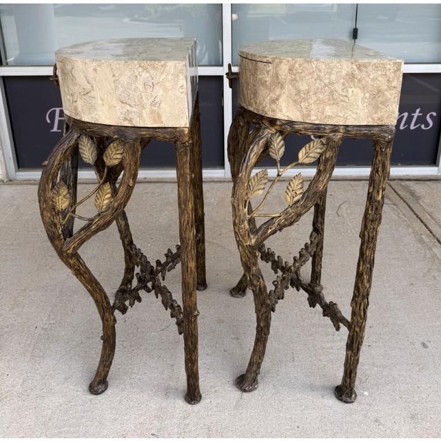 Late 20th Century Late 20th Century Pair of Tessellated-Faux Marble One-Drawer Tables With Metal Tree Branch Bases For Sale - Image 5 of 15