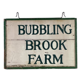 1930s Joyful Double Sided Wooden Trade Sign Advertising "Bubbling Brook Farm" in Green Paint For Sale