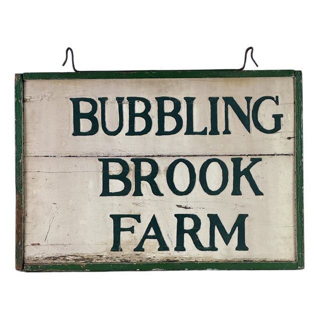 1930s Joyful Double Sided Wooden Trade Sign Advertising "Bubbling Brook Farm" in Green Paint For Sale