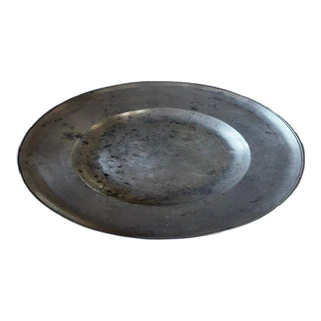 Antique European Pewter Charger With Zig-Zag Wiggle Work Initials For Sale