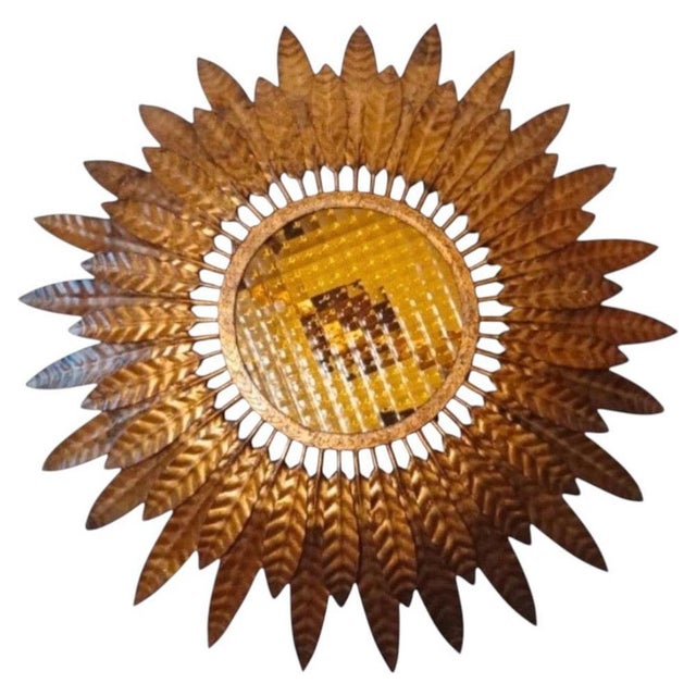 Gold Large Spanish Crown Sunburst Fixture in Gilt Metal Curve Glass, 1950 For Sale - Image 8 of 8