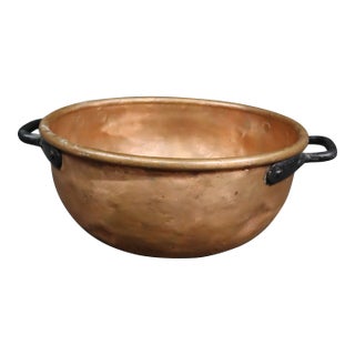 Antique Hand-Hammered Copper Bowl With Wrought Iron Handles For Sale