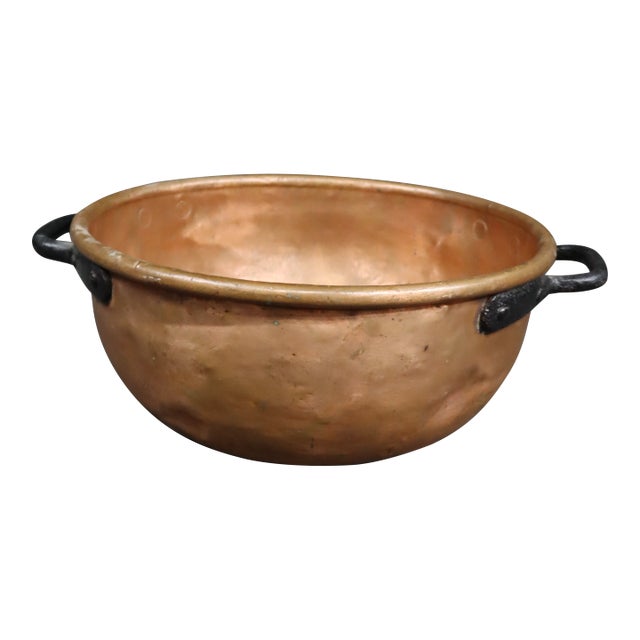 Antique Hand-Hammered Copper Bowl With Wrought Iron Handles For Sale