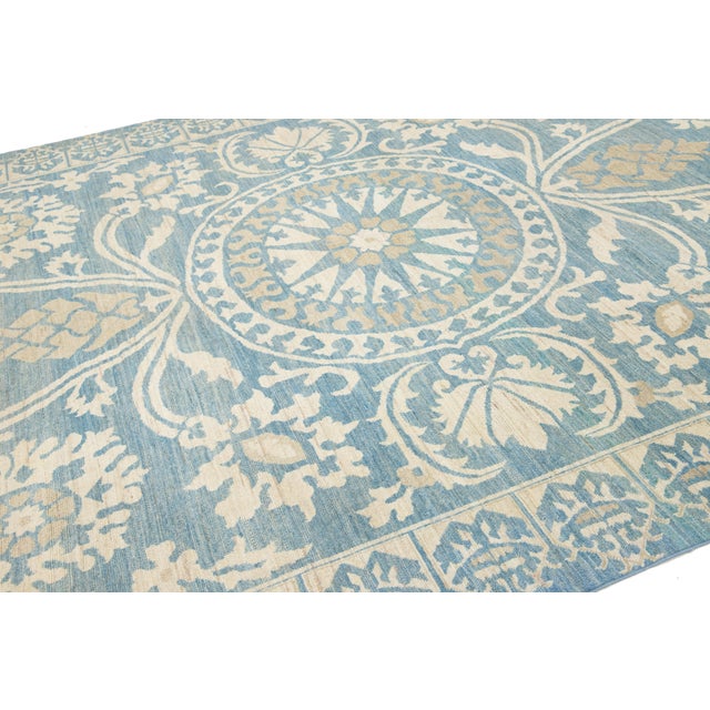 Room Size Blue Modern Oushak Style Wool Rug With Rosette Motif For Sale In New York - Image 6 of 9