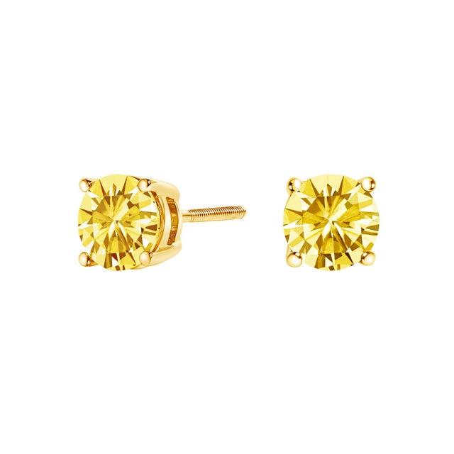 Embrace timeless elegance with these exquisite 14K yellow gold solitaire stud earrings, each featuring a 0.75 carat lab-...