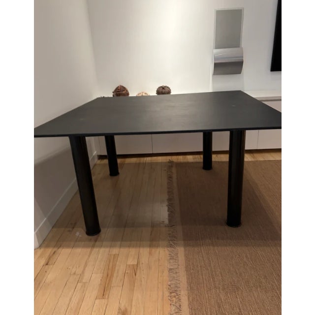 Cool, sleek black slate (stone) top (marked Casiglani) with welded steel (4) pedestal sturdy base, black slate is 1/2"...