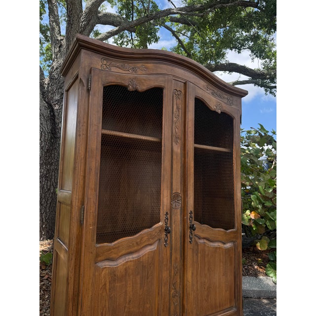 1980s Vintage French Provincial Carved Wood Armoire With Chicken Wire Doors For Sale - Image 5 of 9