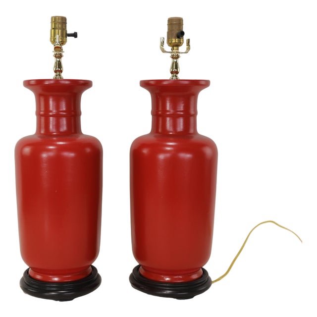 Chinese Hand-Painted Red Glazed Ceramic Table Lamps - Pair For Sale