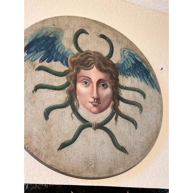 Allegorical Hand-Painted Oil on Wood Baroque Wall Hanging Plaque of Winged Medusa For Sale - Image 9 of 15