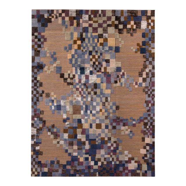 Rug & Kilim’s Scandinavian Style Geometric Beige Brown and Blue Wool Rug - 10x14 For Sale