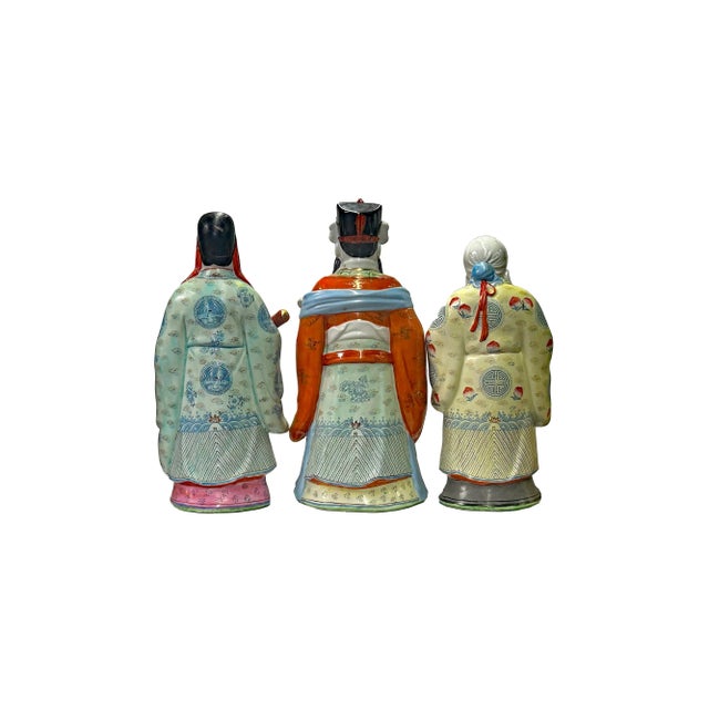 Chinese Chinese Canton Color Mixed Fenghsui Fok Lok Shao Figure Set For Sale - Image 3 of 5