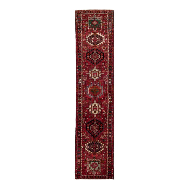 Vintage Red Heriz Handmade Wool Runner Rug in Red With Allover Design For Sale