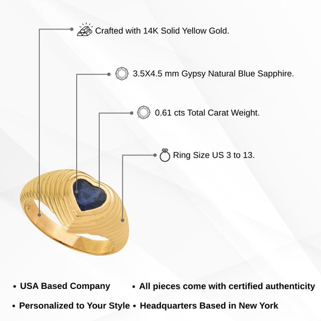 14k Gold Fluted Vintage Dome Ring Size 4 With Heart-Cut Blue Sapphire For Sale - Image 14 of 18