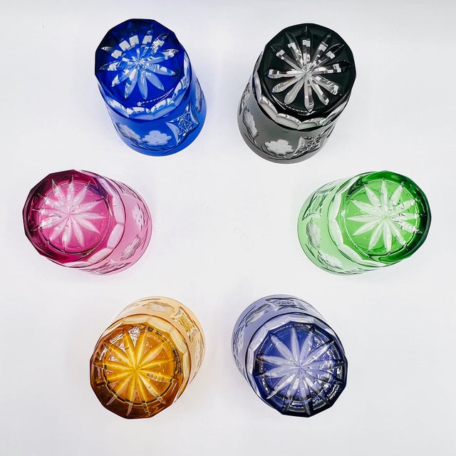 Glass Antique Bohemian Grape-Cut Harlequin Crystal Tumblers from Befos, 1850, Set of 6 For Sale - Image 7 of 8