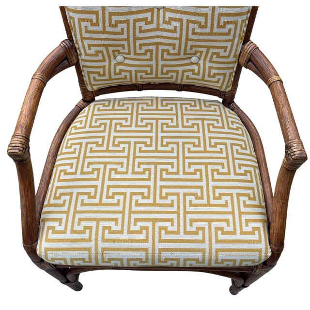 Palecek Pavilion Rattan Armchairs, Pair, Custom Greek Key Fabric, Hollywood Regency Style For Sale - Image 10 of 12