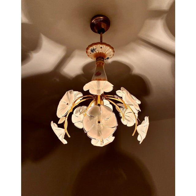 Mid 20th Century Italian Handmade Porcelain & White Murano Style Glass Daisy Chandeliers - a Pair For Sale - Image 14 of 17