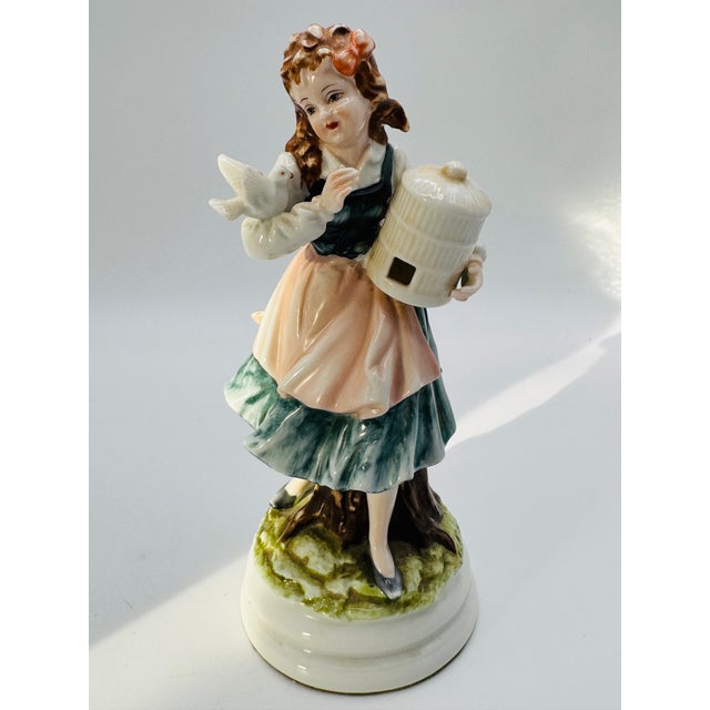 1950s Vintage Lefton Porcelain Figurines Boy and Girl With Doves and Holding Bird Cages #Kw4045 For Sale - Image 5 of 14