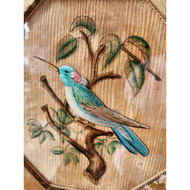 A Pair of Chinoiserie Style Hummingbird Verre Eglomise Paintings - Signed For Sale - Image 12 of 13