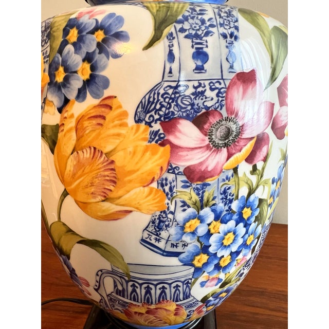 Palm Beach Regency Style Ceramic Floral Tulip Table Lamp Blue & White Jar Motif For Sale - Image 12 of 12