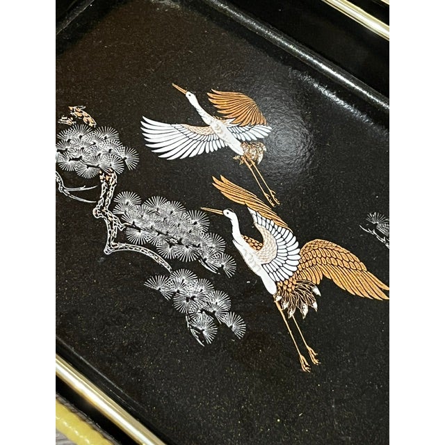Black Set of 3 Mid 20th Century Japanese Maki Style Black Lacquer Effect Resin Two Trays Gold Painted Cranes For Sale - Image 8 of 13