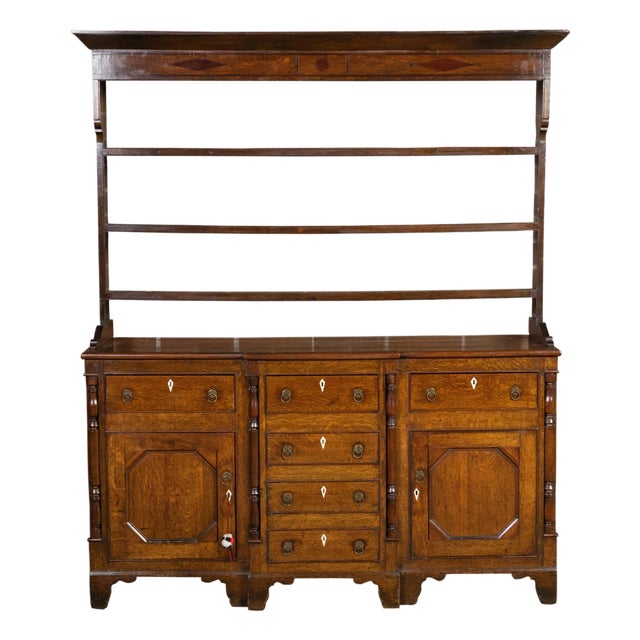 English Georgian Period 18th Century Oak Dresser with Shelves, Drawers and Doors For Sale