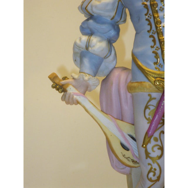 1900s Table Lamp Gilded Dresden Porcelain Figurine Masquerade Ball Renaissance For Sale - Image 4 of 17