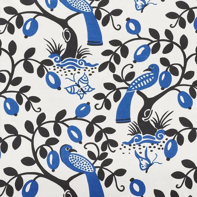 Schumacher Olive Tree Fabric in Black & Blue For Sale