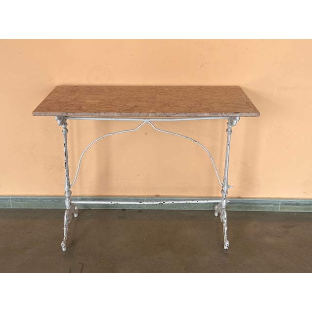 French French Solid Cast Iron Scrolling Bistro Table With Pink Marble Top For Sale - Image 3 of 8