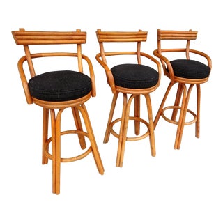 Set of Three Mid Century Paul Frankl Bamboo Bar Stools For Sale