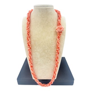 Vintage Precious Coral Torsade Necklace With Carved Coral Rose For Sale