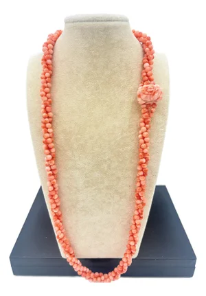 Vintage Precious Coral Torsade Necklace With Carved Coral Rose