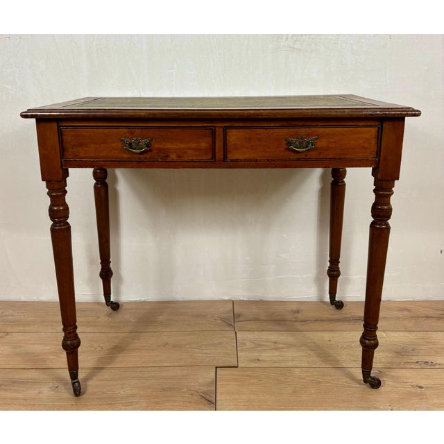 Antique English Style Wooden Writing Table with Leather Top and Drawers, 1930s For Sale - Image 9 of 14
