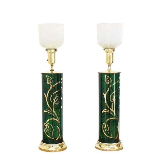 Early 20th Century Vintage Emerald Green Gold Decorated Cylinder Shape Table Lamps- a Pair For Sale