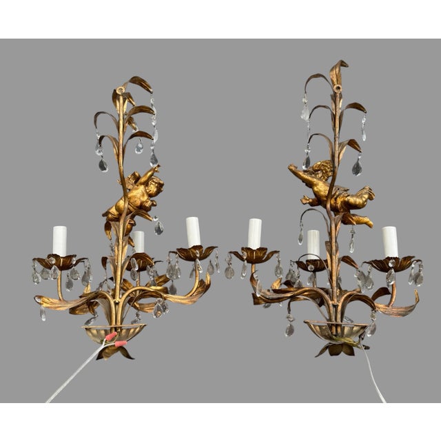 Pair of 29” Vintage Italian 3 Light Candelabra Wall Sconces W Prisms & Figural Cherubs For Sale - Image 6 of 9