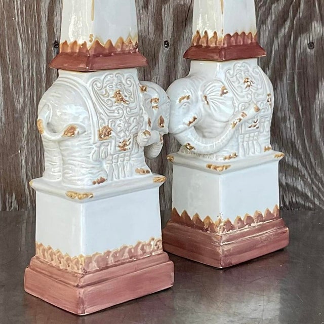 Vintage Boho Glazed Terra Cotta Elephant Obelisks - a Pair For Sale - Image 9 of 14