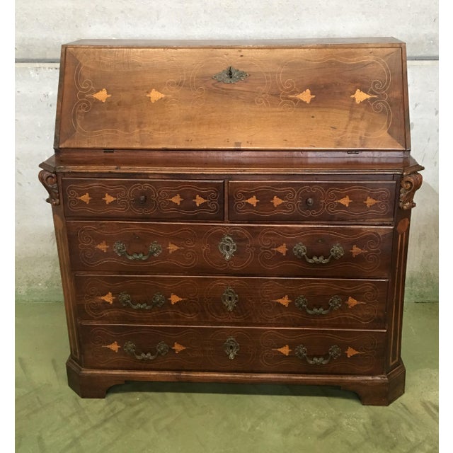 French Provincial 18th Century Spanish Walnut Marquetry, Chest of Drawers With Flap For Sale - Image 3 of 12